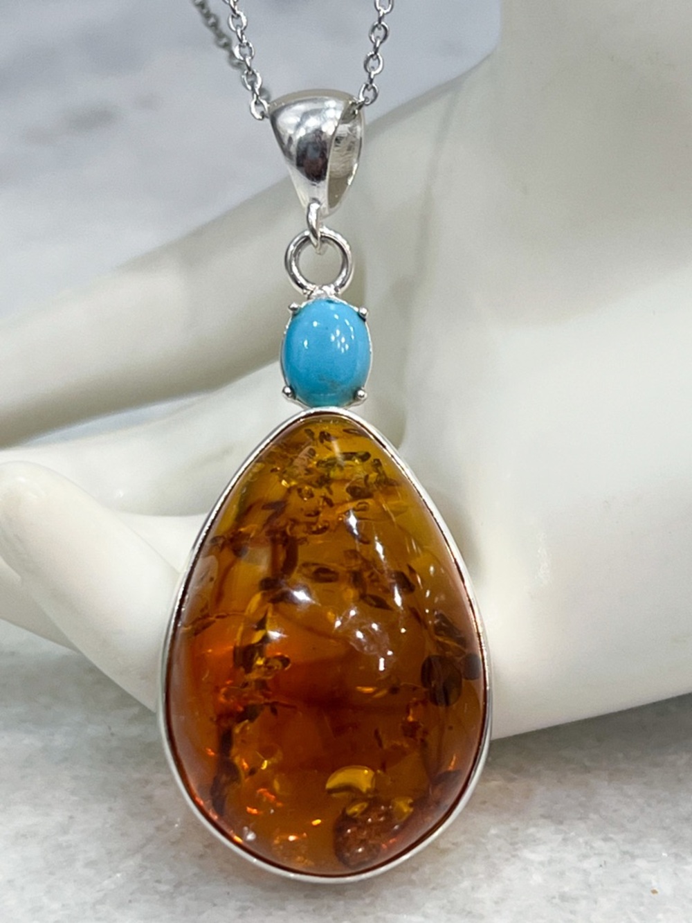 Baltic Amber Arizona Sleeping Beauty Turquoise Sterling Silver Pendant Necklace